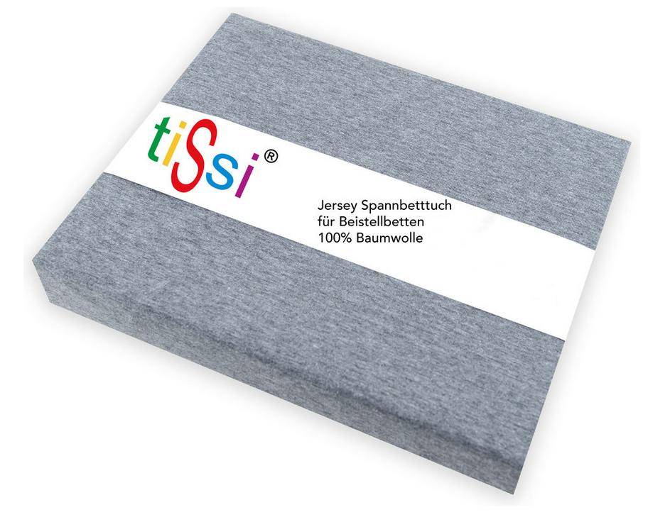 A folded grey tiSsi® Spannbettlaken Laufgitter Moritz 85 x 89 cm in packaging, labeled for side beds and playpens (“Laufgitter”), made of 100% Baumwolle (cotton), with German text on the pack.