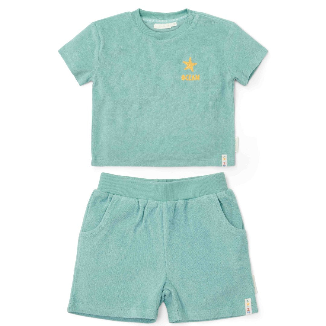 T-shirt and shorts Seashells and Stripes Surf Blue | Little Dutch