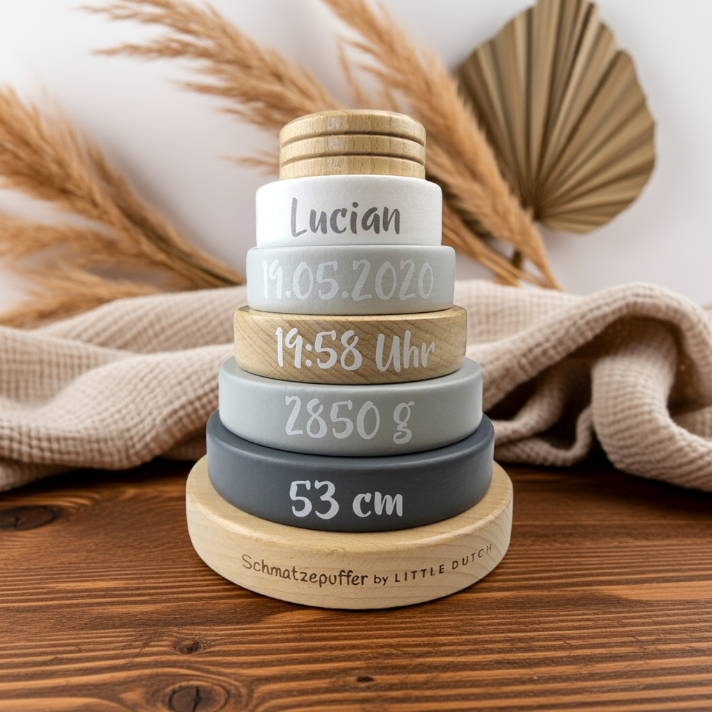 Little Dutch Stapelturm Holz Schmatzepuffer Edition - Zur Geburt - Bedruckt