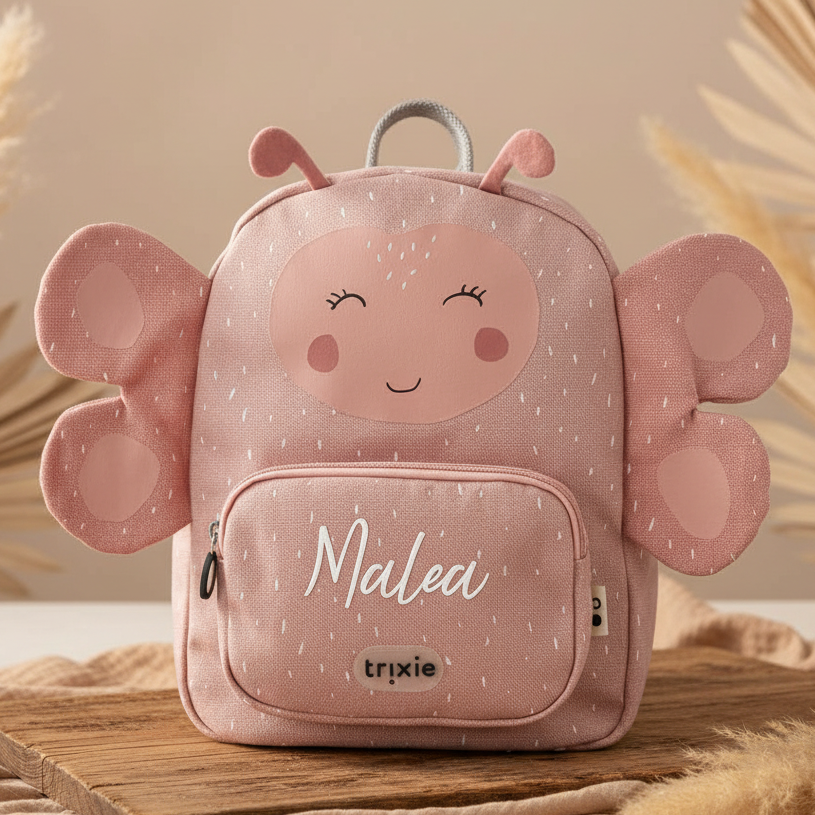 Rosa Kindergartenrucksack mit Schmetterlingsmotiv und aufgedrucktem Namen, personalisierter Kinderrucksack für Kita