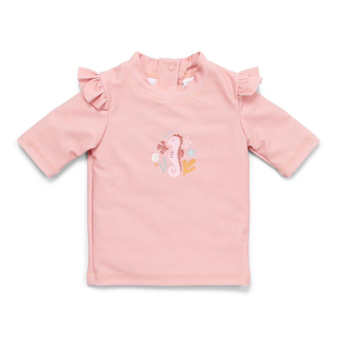 Short-sleeved ruffle swim T-shirt with Seahorse Pink print | Little Dutch