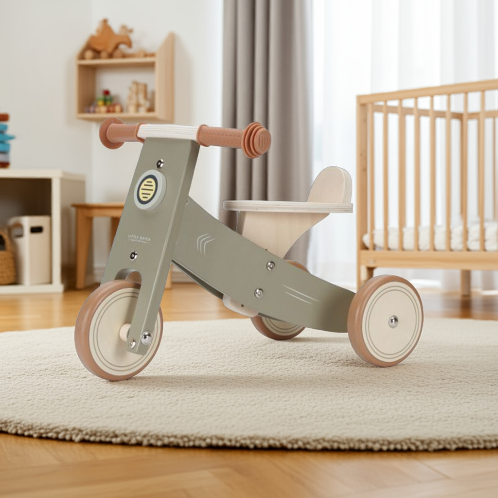 Wooden tricycle for toddlers in olive green