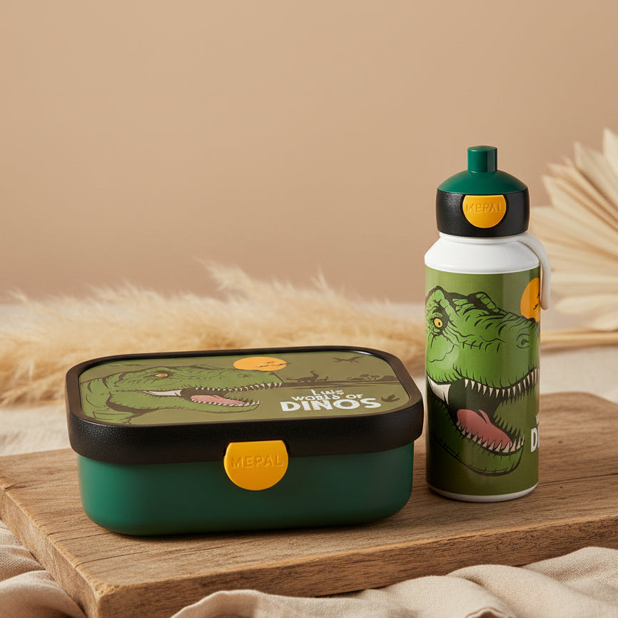 Dinosaur lunch set, lunch box, and pop-up bottle | Mepal