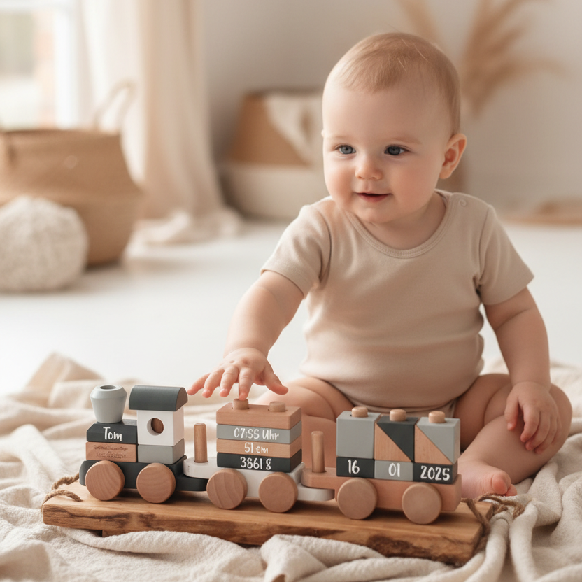 Personalized wooden train for birth announcements, featuring name and birth details.