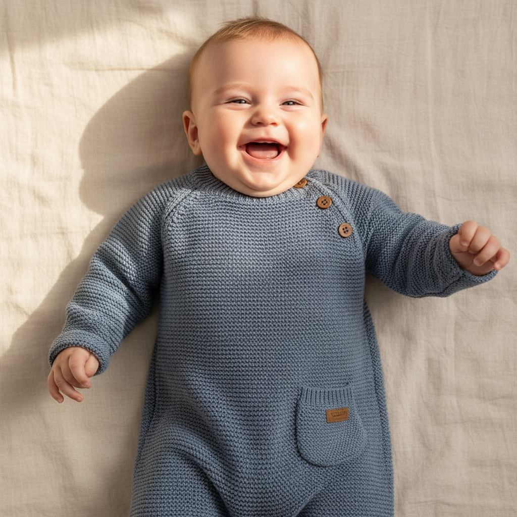 Knitted romper blue, size 80 | Little Dutch