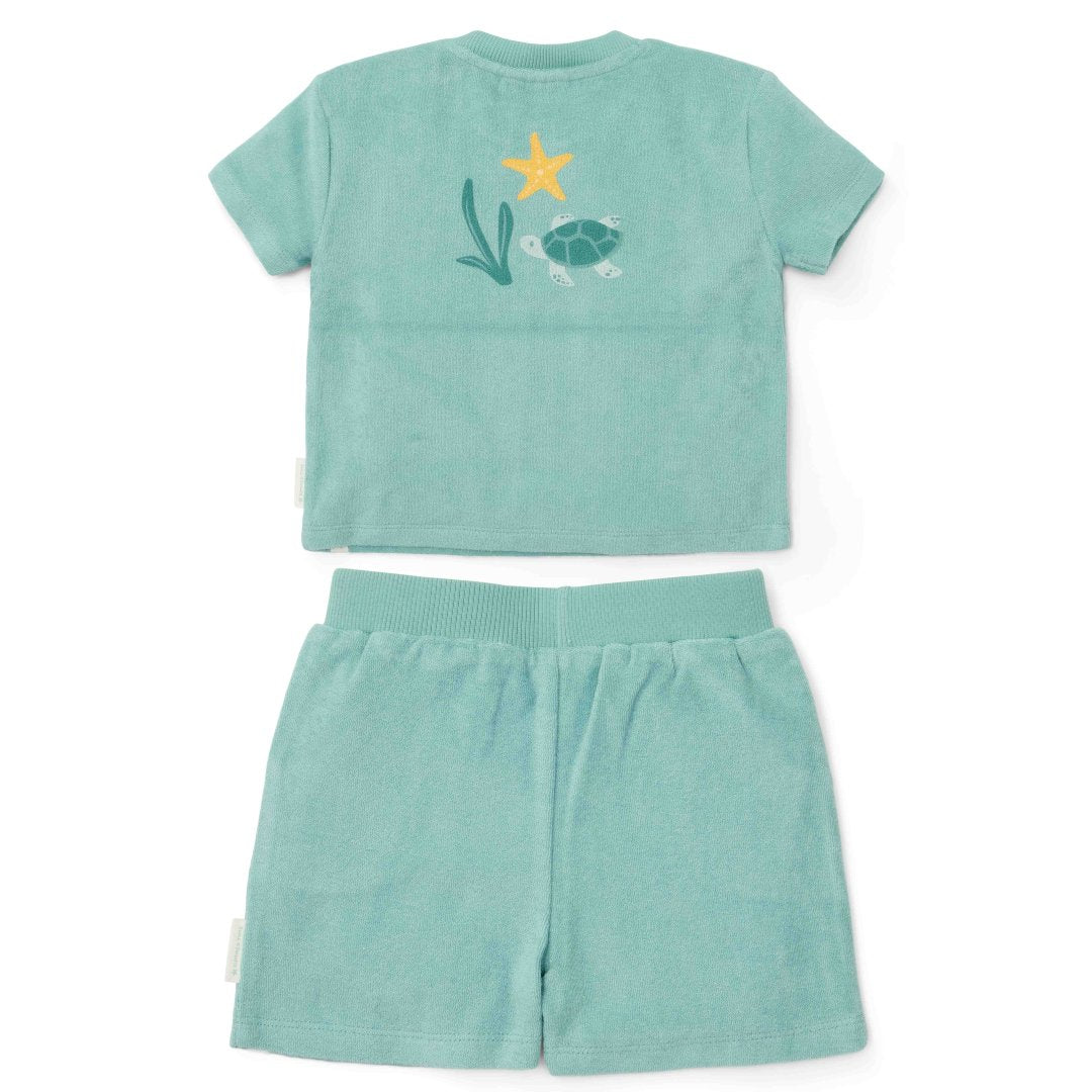 T-shirt and shorts Seashells and Stripes Surf Blue | Little Dutch