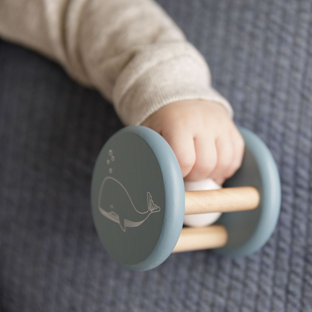 Wooden rolling rattle, blue