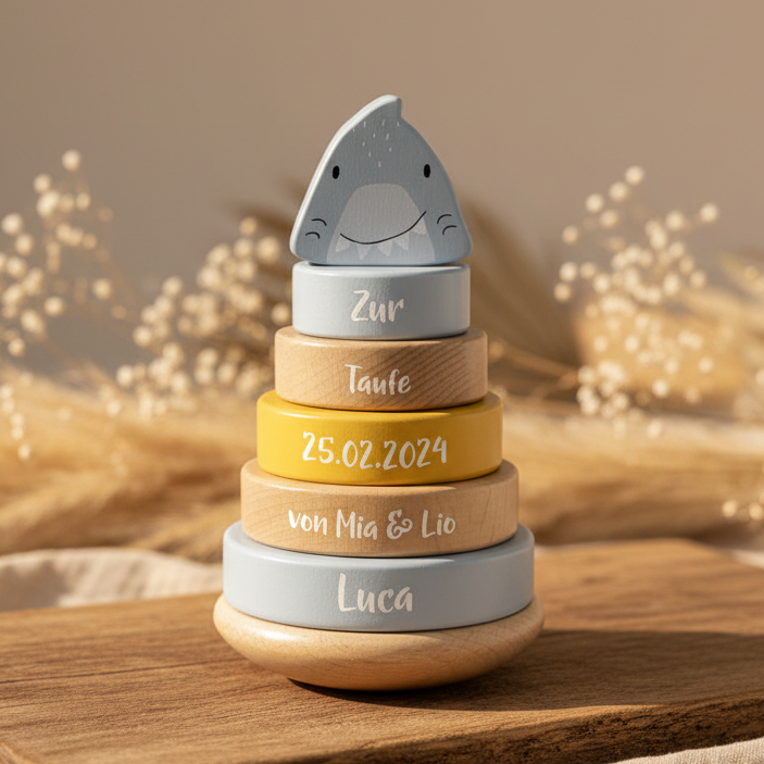 Wooden Stacking Tower - Mr. Shark - for the christening | Trixie
