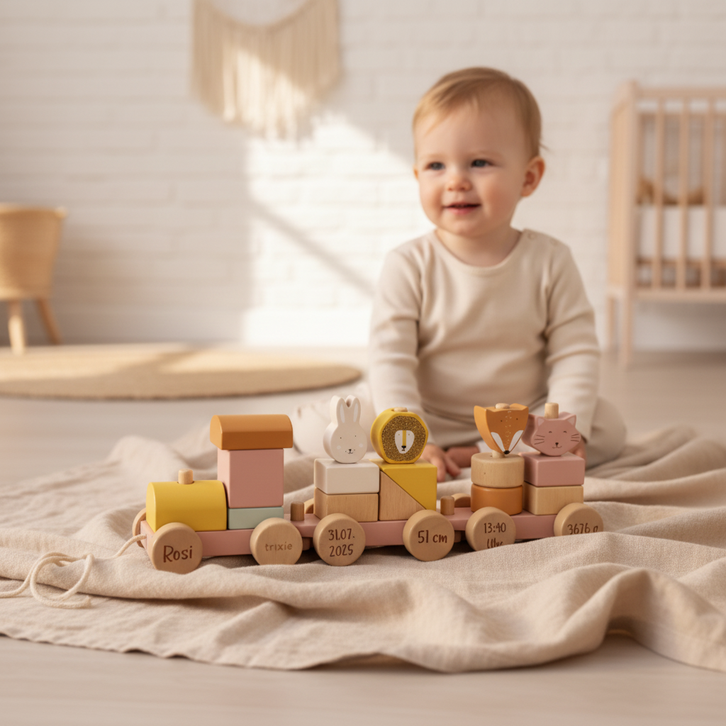 Wooden train with animals - female cat - for birth | Trixie