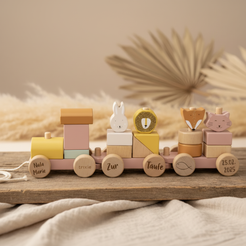 Wooden train with animals - Mrs. Cat - for christening | Trixie