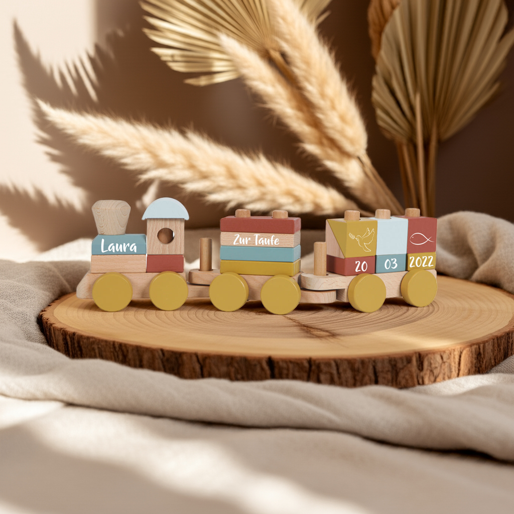 Wooden Train Pure &amp; Nature - For Baptism - printed