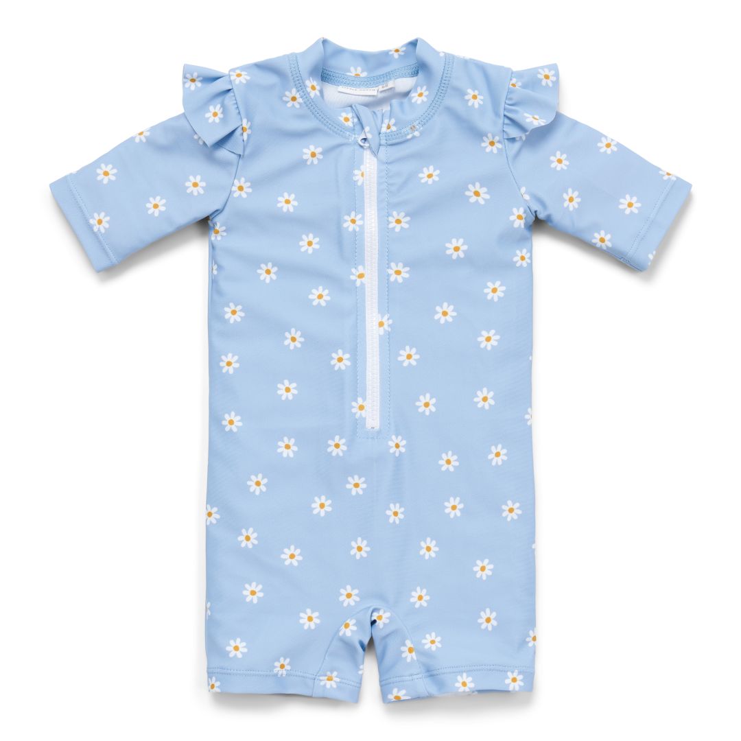 Swimsuit short sleeve ruffles Daisies Blue | Little Dutch