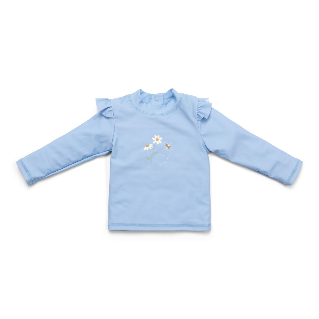 Long-sleeved swim T-shirt with ruffles, Blue Daisies | Little Dutch