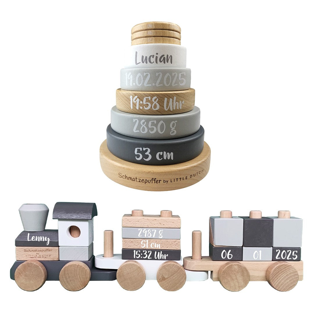 Geschenk-Set Special Edition personalisierter Zug und Stapelturm mit Geburtsdaten | Little Dutch