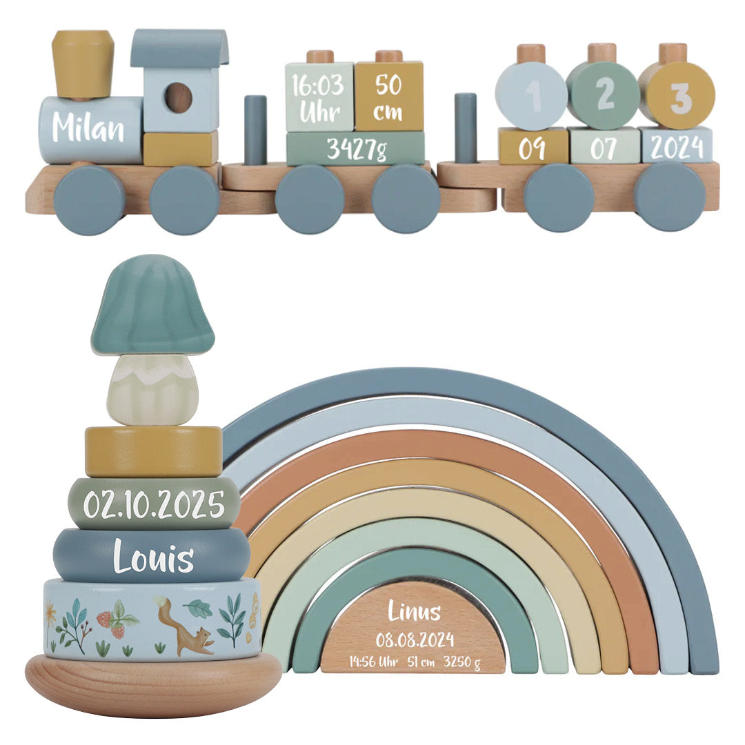 Gift Set Wooden Train Stacking Tower Rainbow Forest Friends