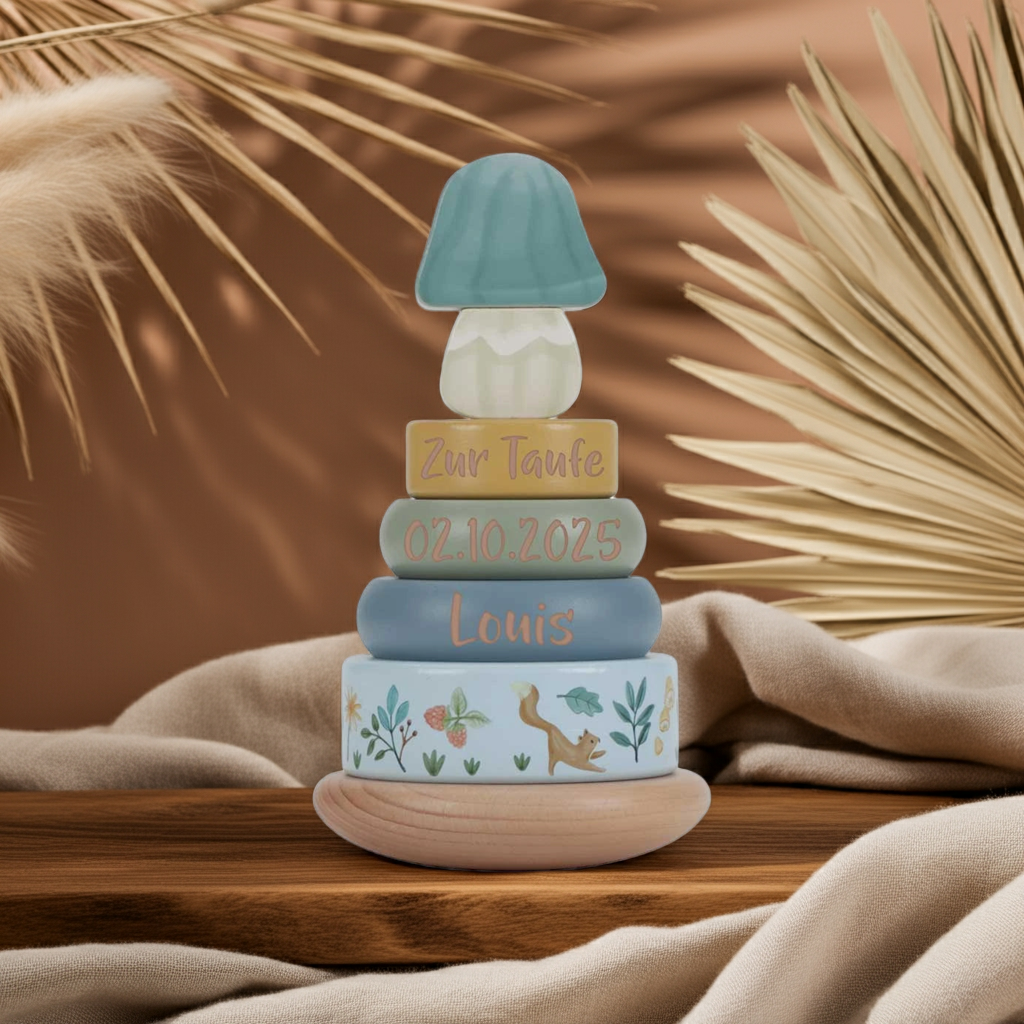 Wooden stacking tower with rings Forest Friends "For Baptism"