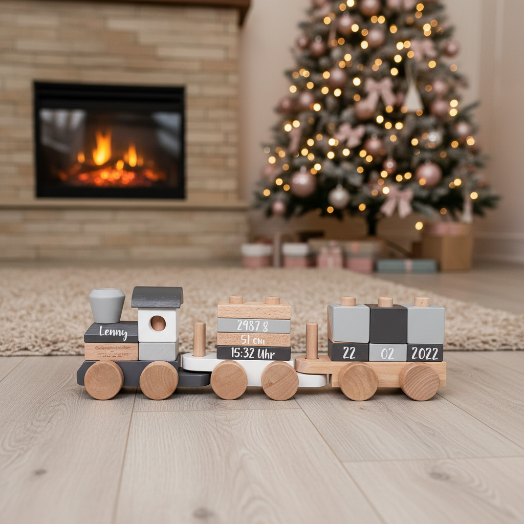 Personalized wooden train for birth announcements, featuring name and birth details.