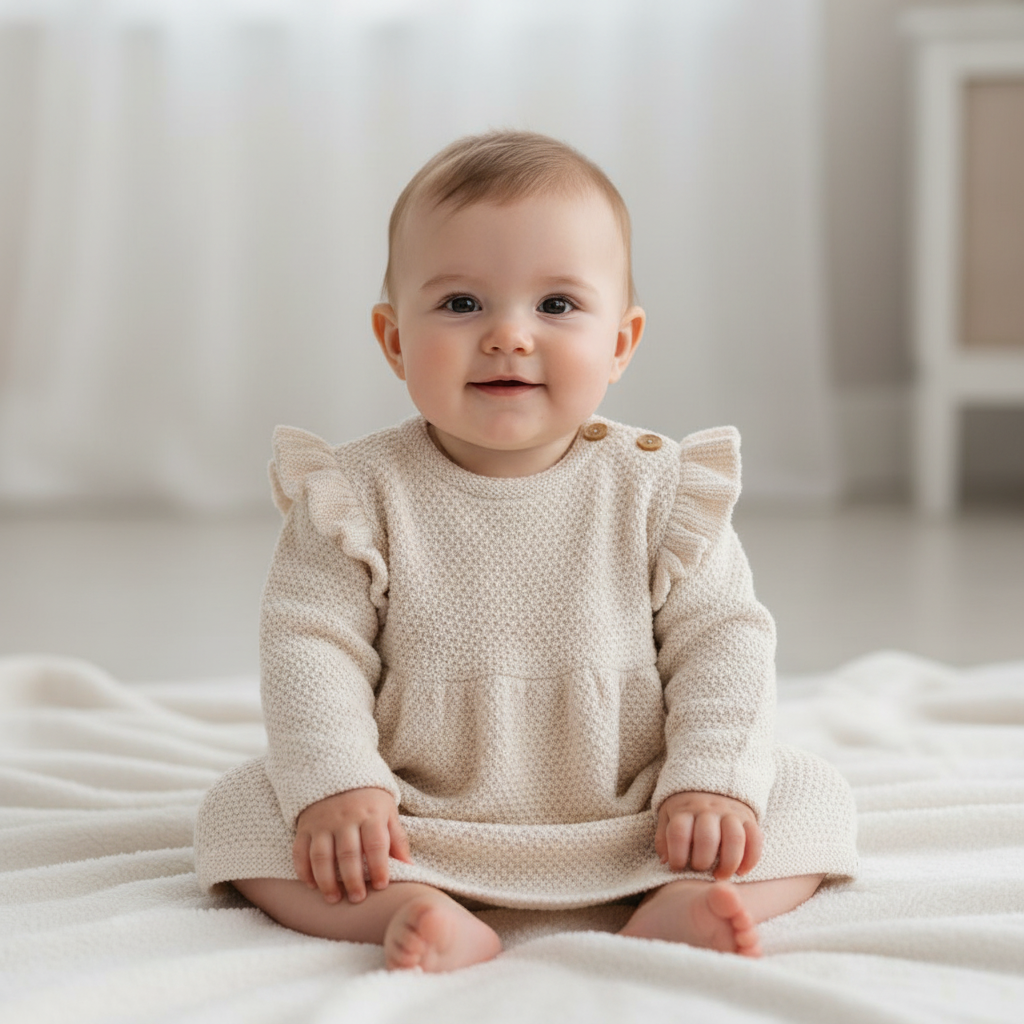 Knitted dress long sleeve ruffles sand | Little Dutch