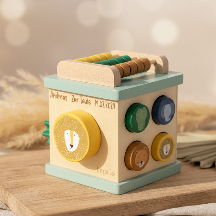 Mini wooden activity cube - laser-engraved for christening - | Trixie