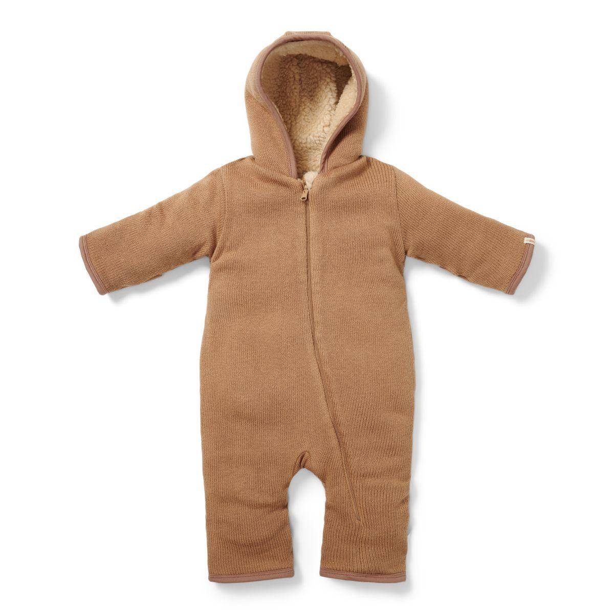 Knitted romper with hood, brown | Little Dutch