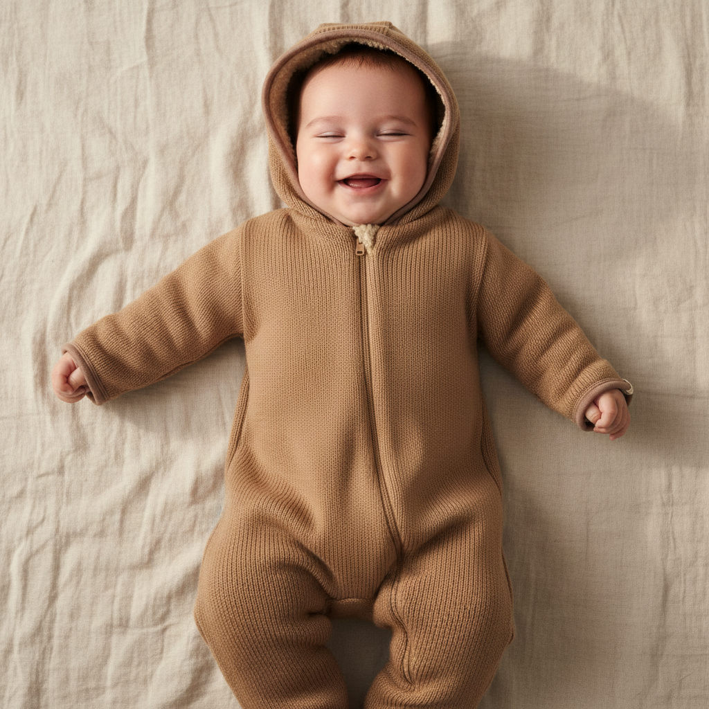 Knitted romper with hood, brown | Little Dutch
