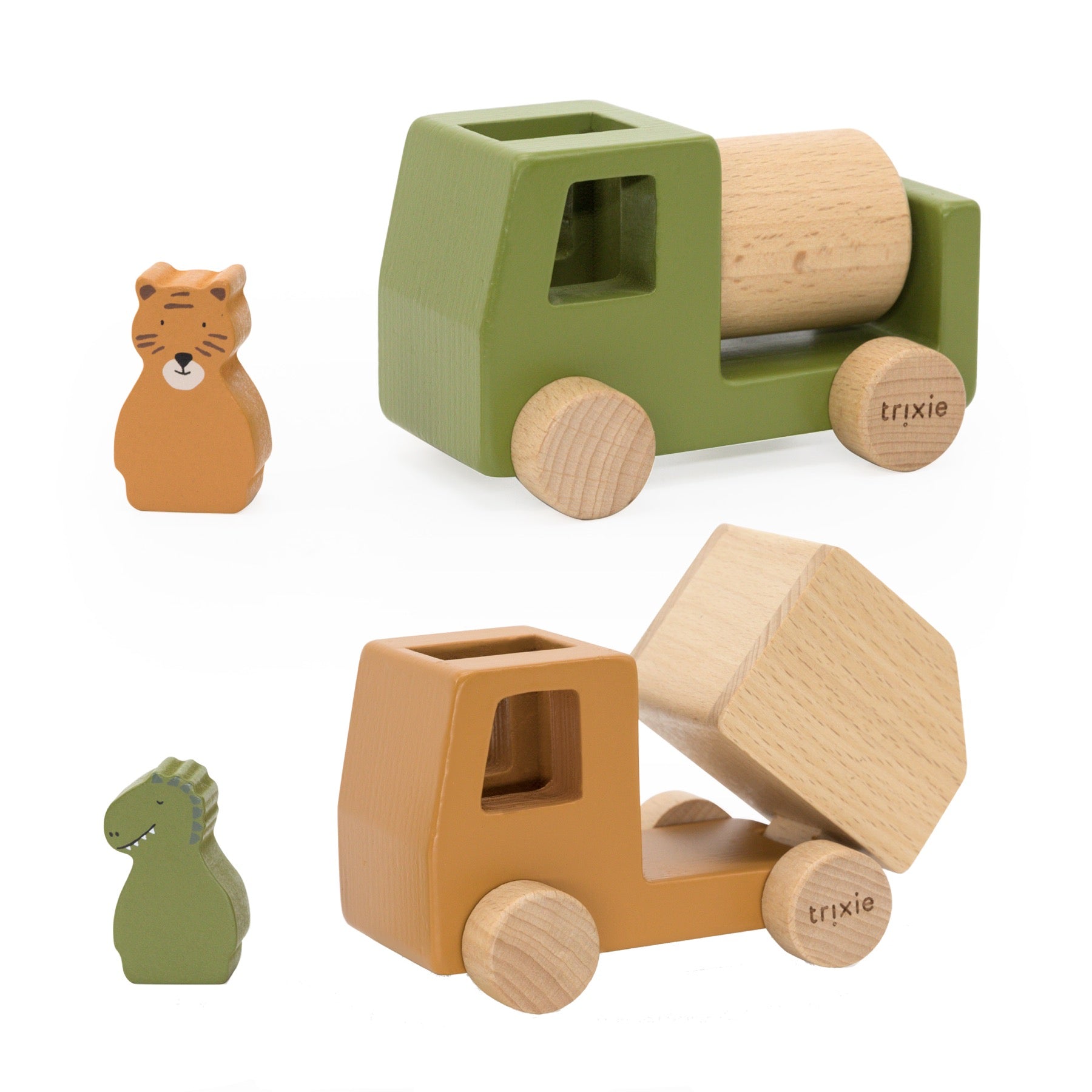 Wooden construction trailer set with animals | Trixie