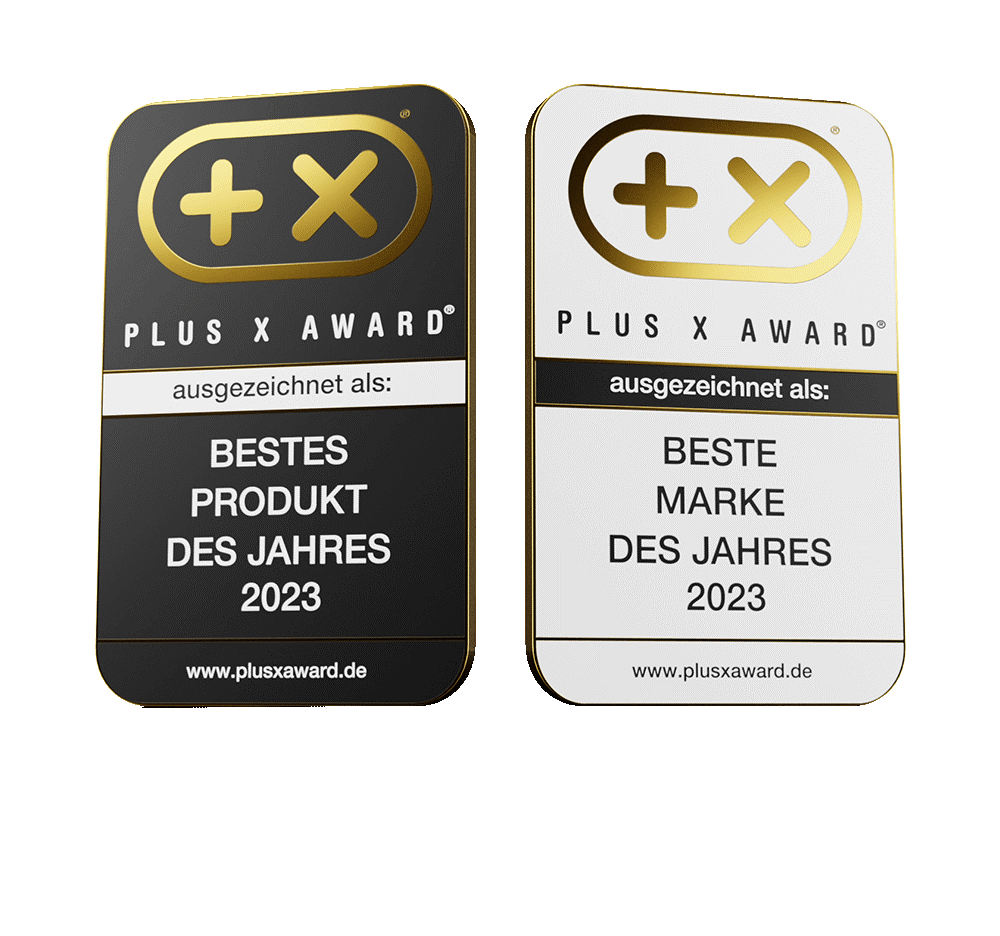 Plus X Award plaques for Best Product of the Year 2023 and Best Brand of the Year 2023 in gold and black designs