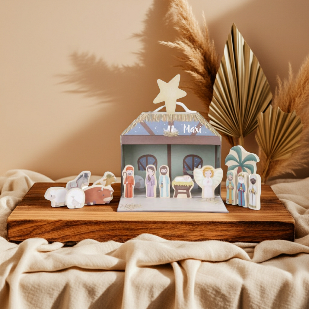 Christmas nativity scene with toy suitcase