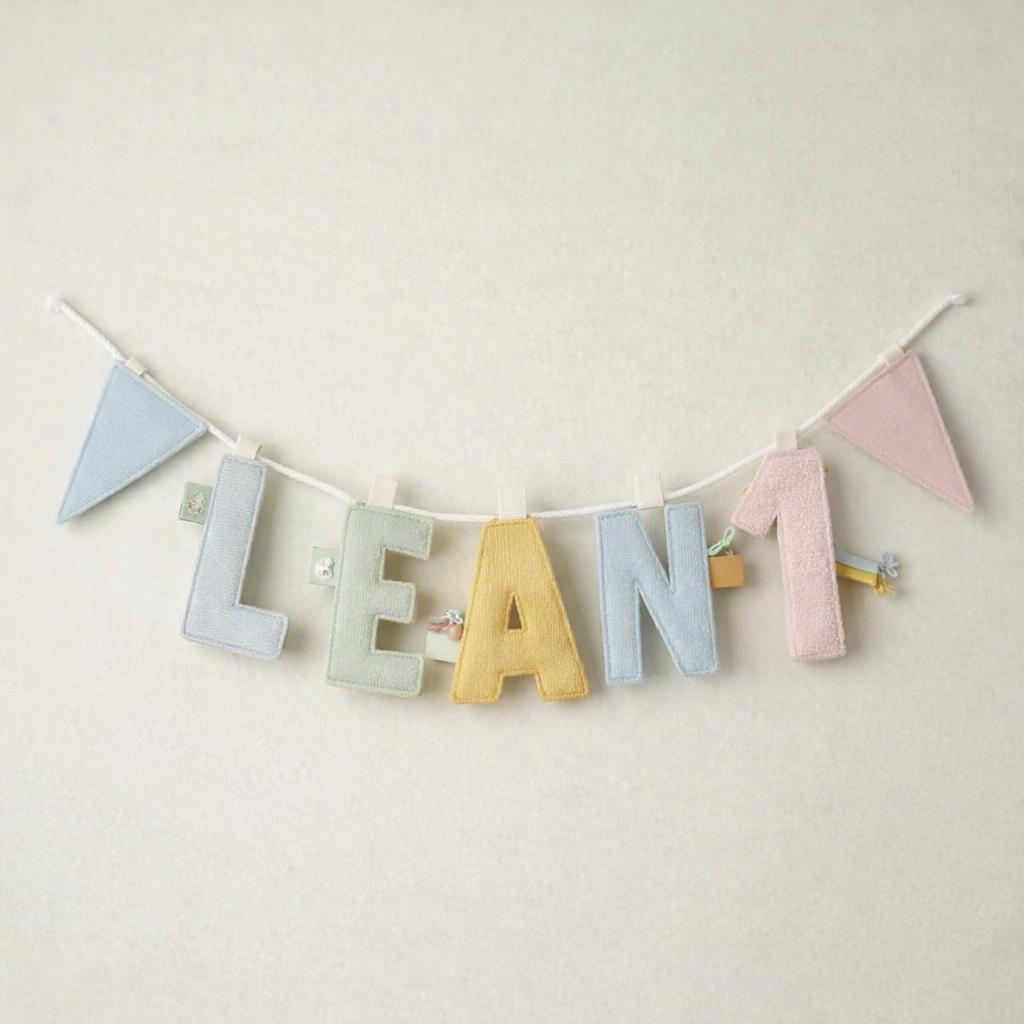 Personalisierte Namensgirlande mit Buchstaben und Zahl 1 zur Dekoration für den ersten Geburtstag