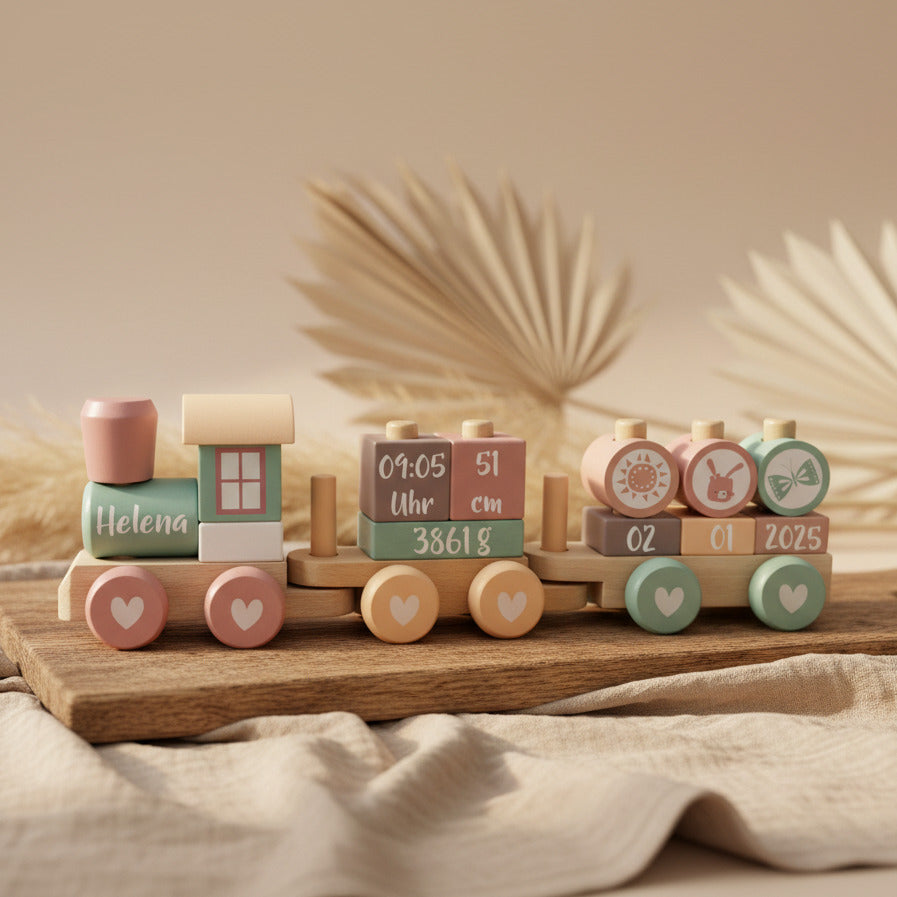 Personalisierter Holz-Zug in Rosa und Pink – Geschenk zur Geburt