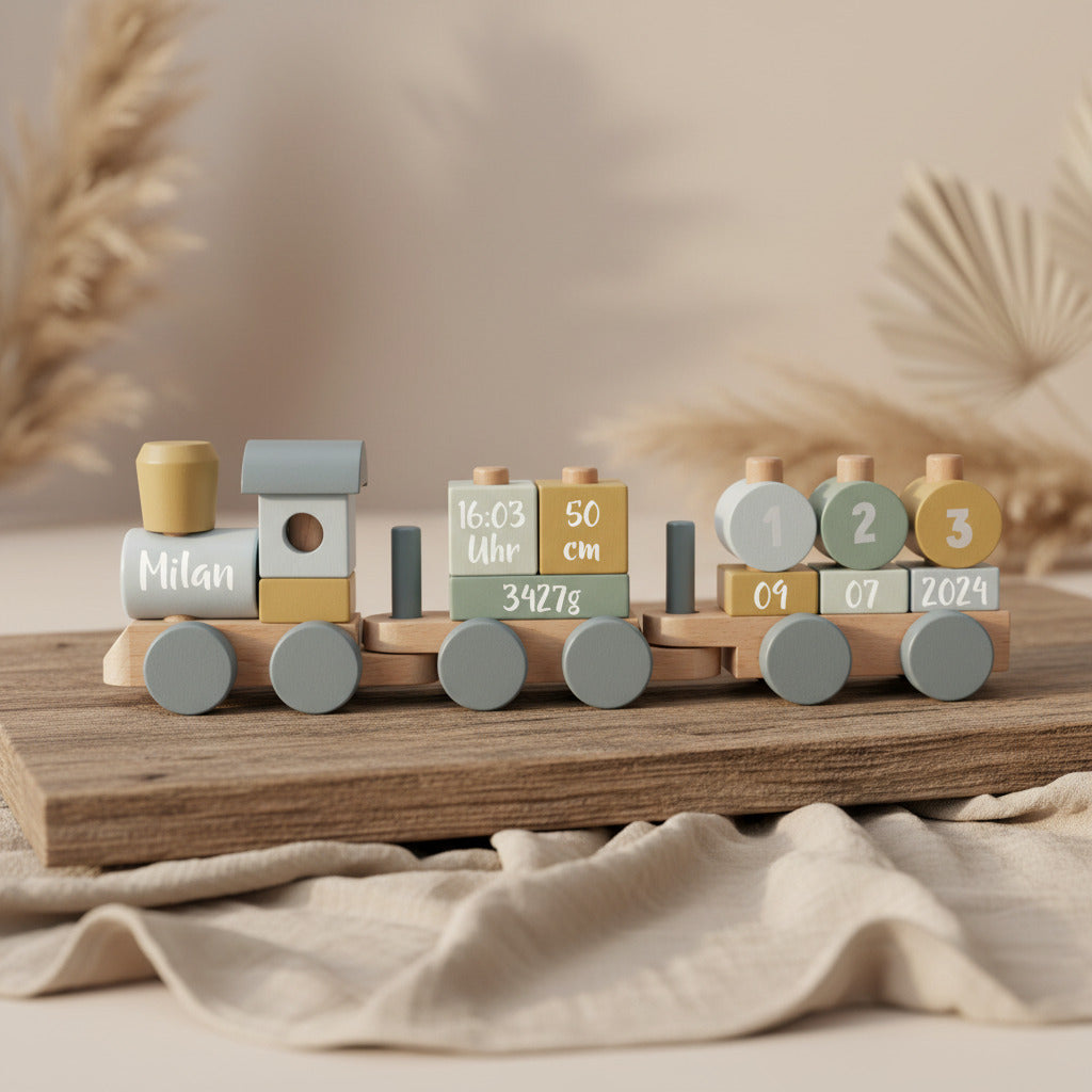 Personalisierter Holz-Zug mit Waldtieren – gedruckt mit Name und Geburtsdaten als Geschenk zur Geburt