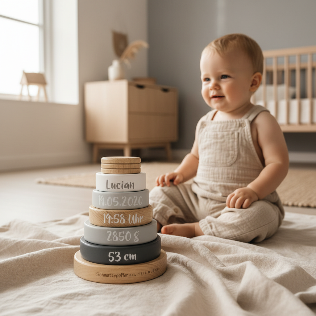 Personalized wooden stacking tower for a birth by Schmatzepuffer