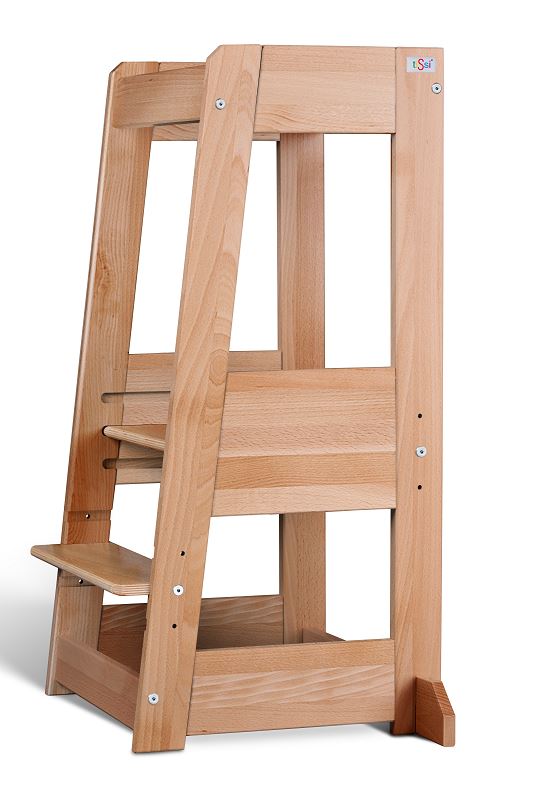 Natural wood learning tower for kids with steps for safe kitchen participation and customizable name sticker option.