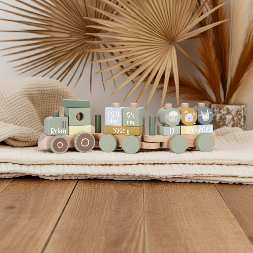 Personalisierter Holzzug aus Holz mit Traktor – Geschenk zur Geburt mit Namen