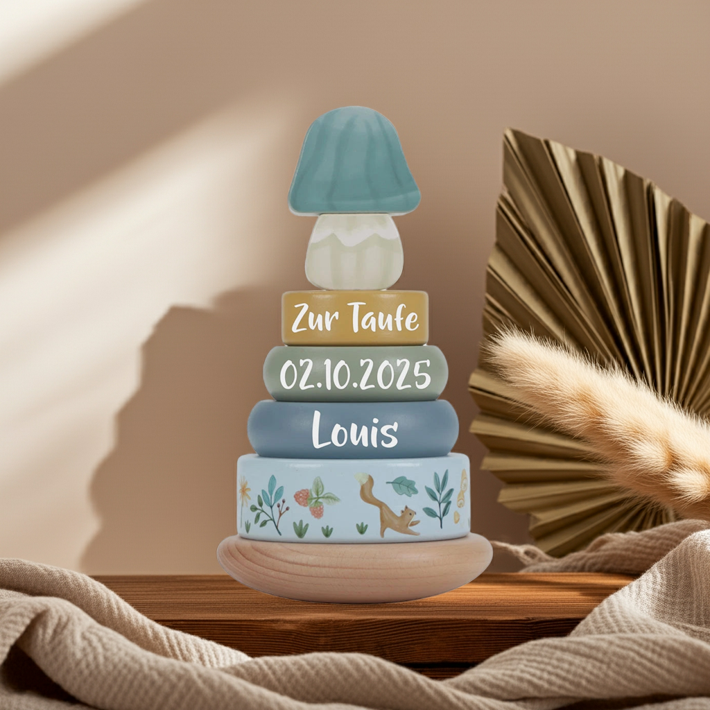 Wooden stacking tower with rings Forest Friends "For Baptism"