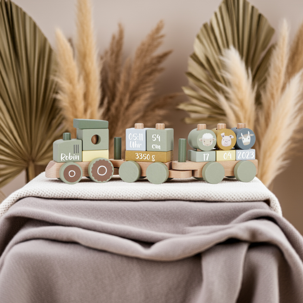 Personalisierter Traktorzug aus Holz mit Namensdruck – Geschenk zur Geburt