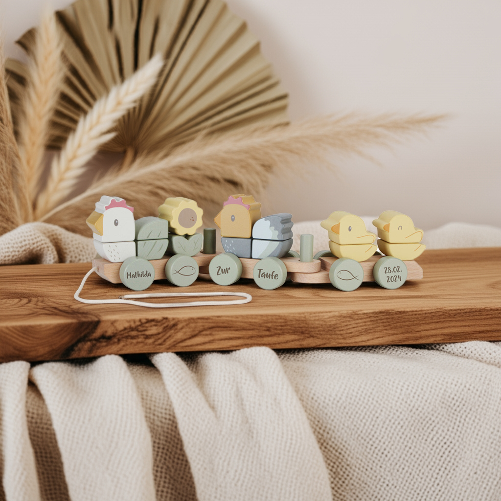 Wooden Train Chicken Little Farm "For Christening"