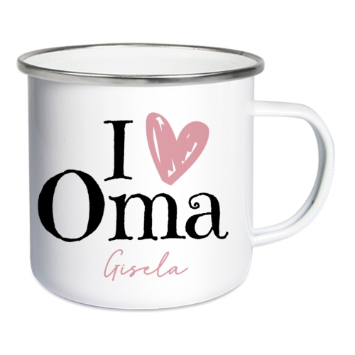 Emaille Tasse "Beste Oma" mit Namen - weiß/silber | personalisiert