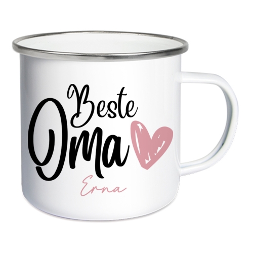 Emaille Tasse mit Namen - weiß/silber für Oma