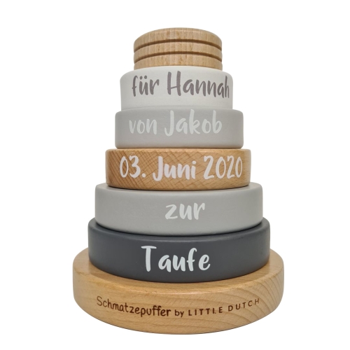 Ringstapelturm "Zur Taufe" Schmatzepuffer Edition Holz | Little Dutch "bedruckt personalisierbar"