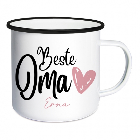Emaille Tasse mit Namen - weiß/schwarz für Oma
