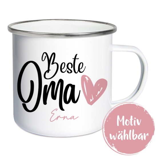 Emaille Tasse "Beste Oma" mit Namen - weiß/silber | personalisiert